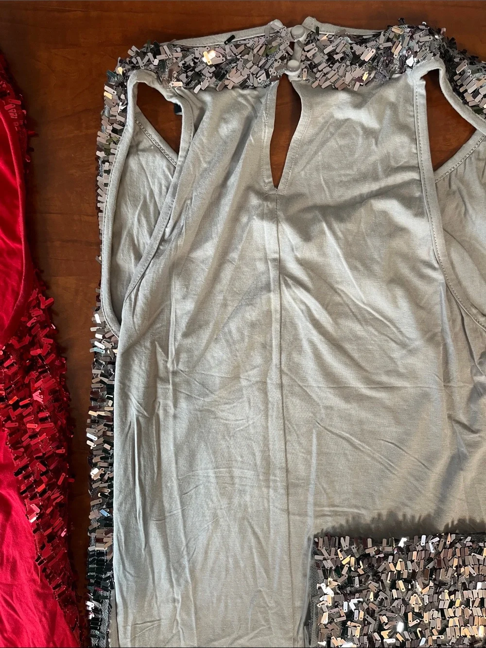 BOTH Sequin Party Tops Red & Silver Confetti Sequins Club Wear Drape Neck - Picture 10 of 15